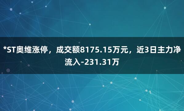 *ST奥维涨停，成交额8175.15万元，近3日主力净流入-231.31万